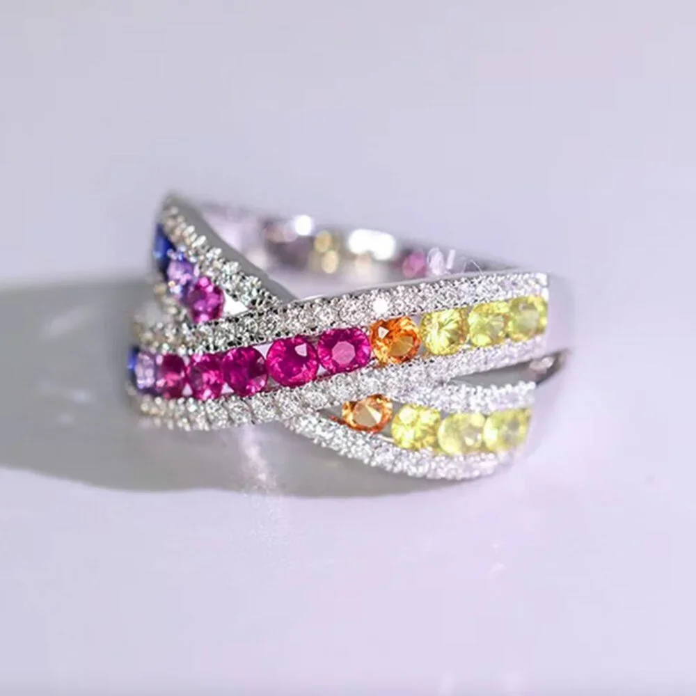 14k White Gold Diamond Rainbow Gemstones Diamond Ring Band